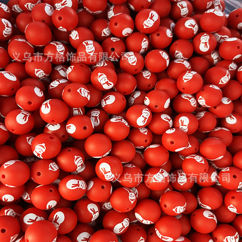 Wholesale 50pcs DIY Christmas Snowman Christmas Tree Printing 15mm Silicone Beads